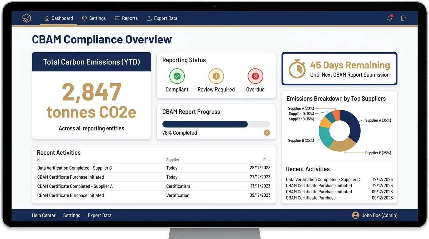 MyCustomsInfo® CBAM compliance report showing carbon emissions data, supplier breakdown and reporting deadlines